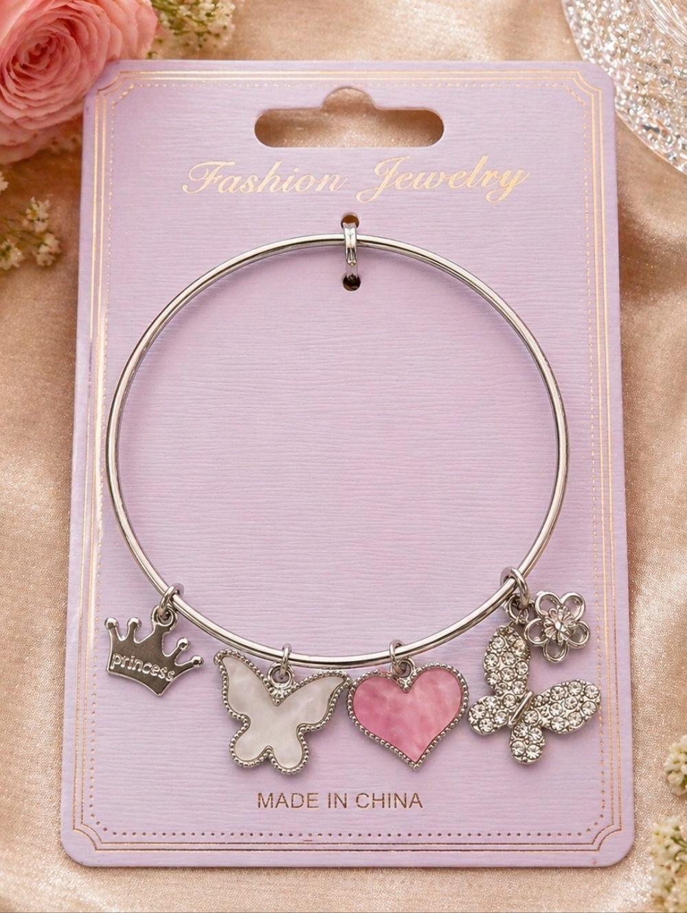 Silver Charm Bangle Bracelet | Princess Butterfly Heart Bracelet